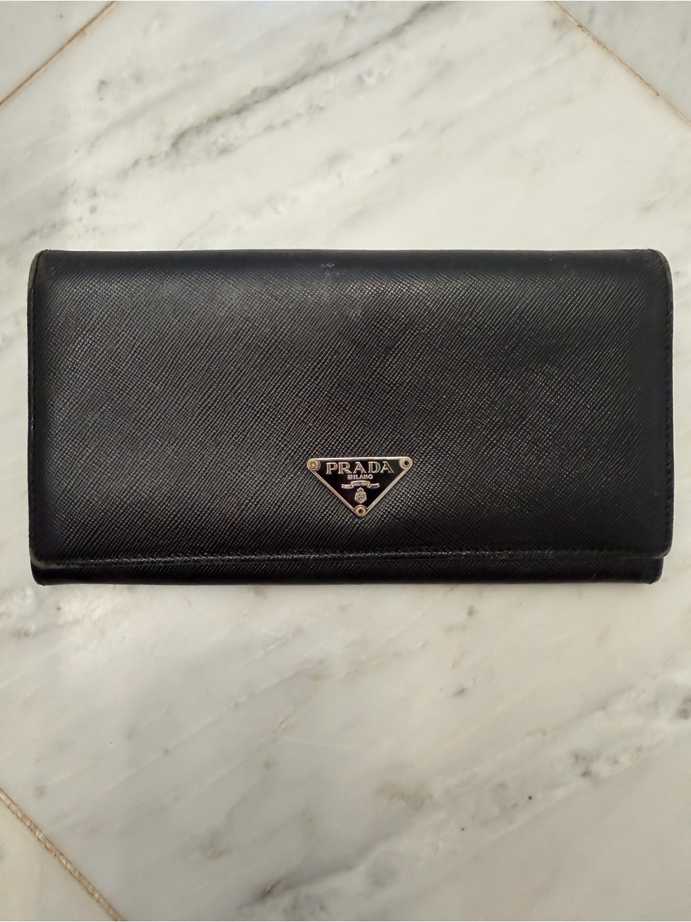 Prada Black Saffiano Leather Continental Wallet with Logo Plaque